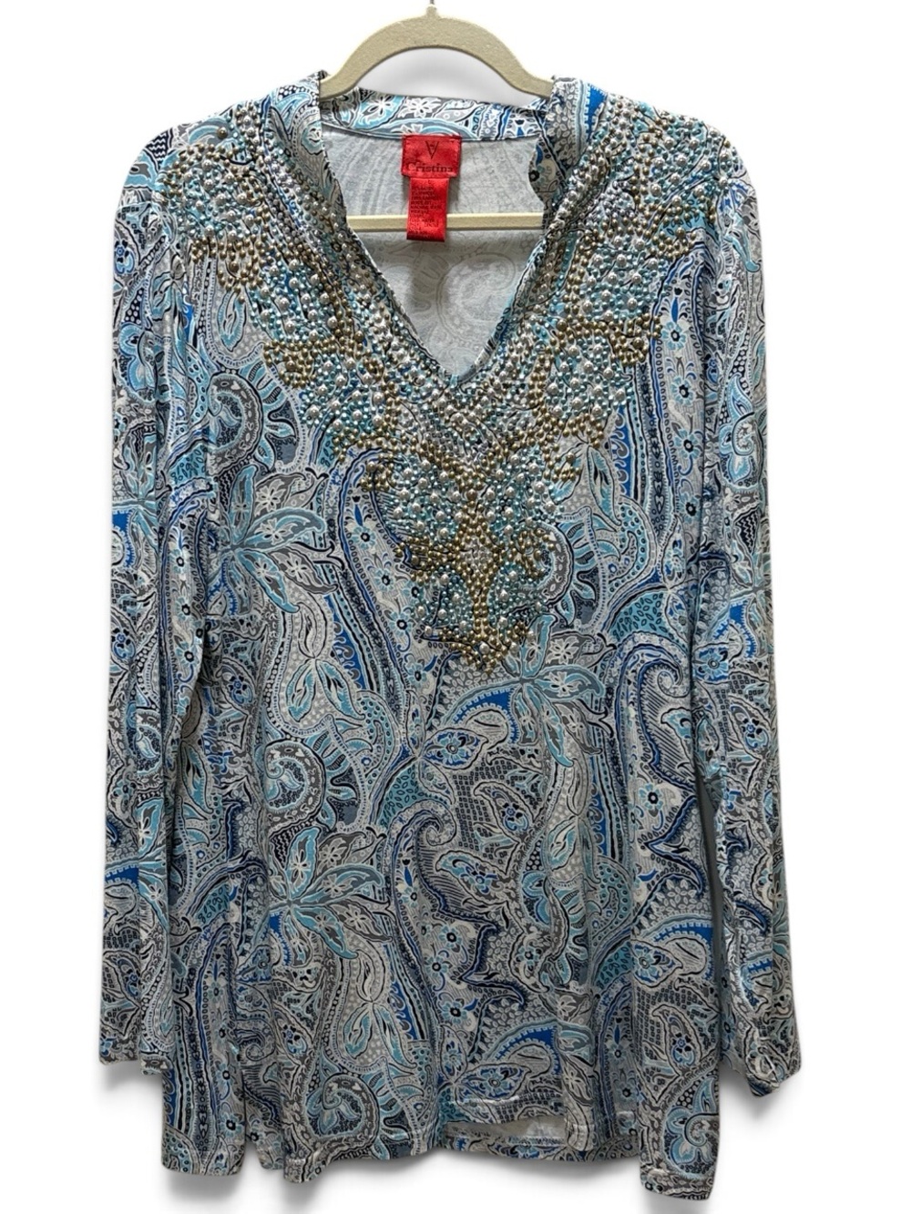 V Cristina Ornate Embellished Tunic Size Large Blue and Grey